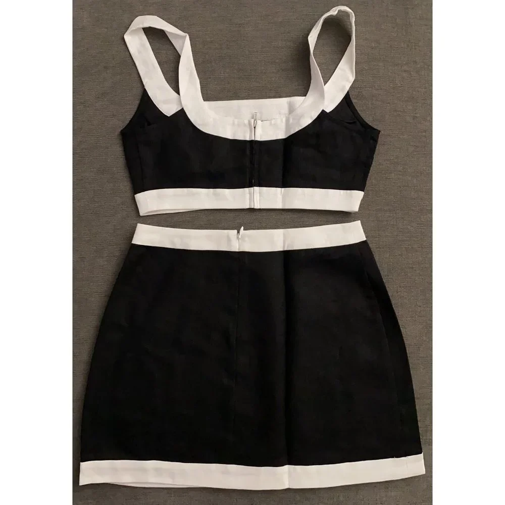 NWOT Reformation Robbie Linen Two Piece in Black White Sleeveless Top Skirt